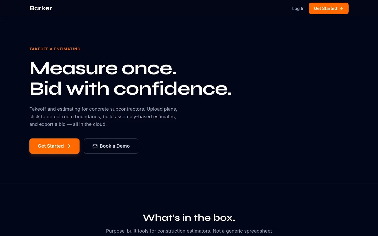 The Barker home page: “Measure once. Bid with confidence.” on a dark background with an orange Get Started button.
