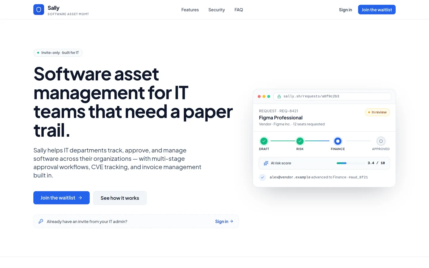 The Sally home page: a request for Figma Professional moving through draft, risk, finance, and approved stages.