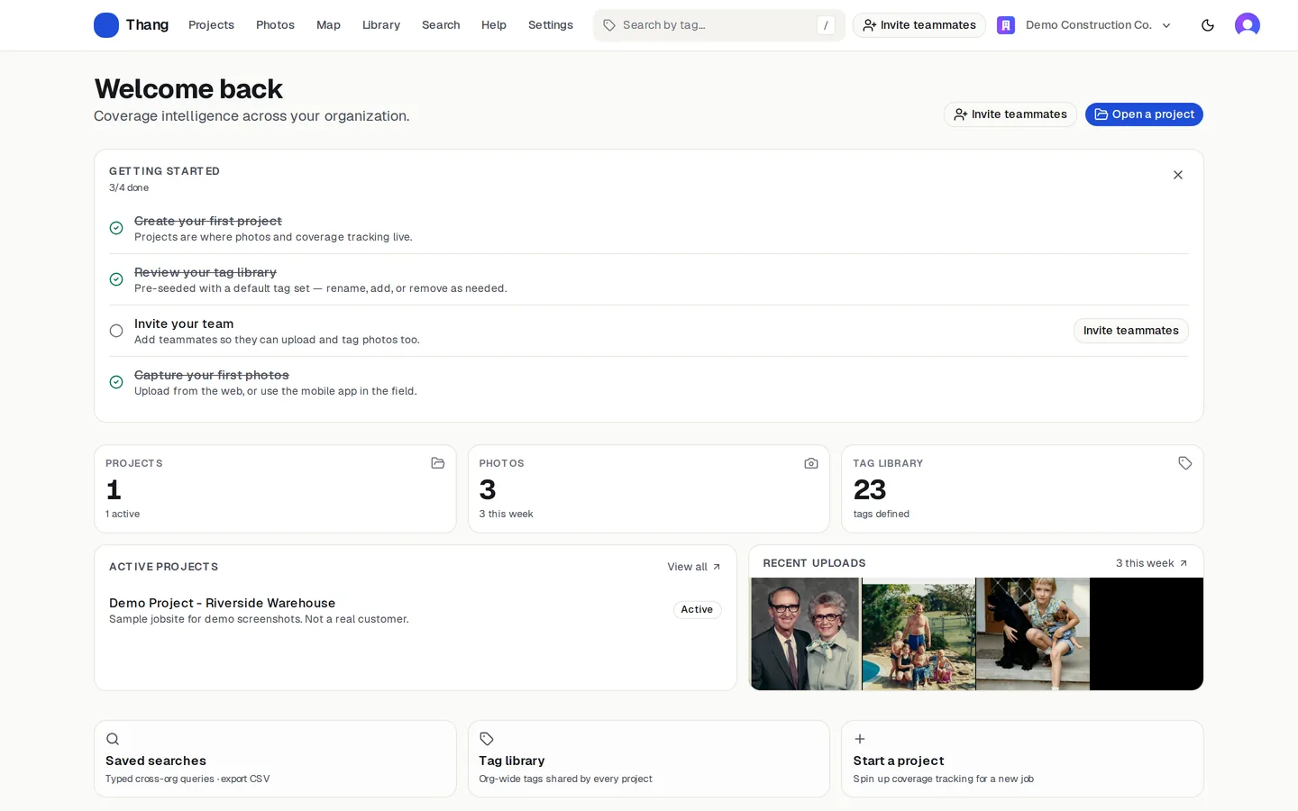 The Thang web dashboard for a demo organization: a getting-started checklist, counts of projects, photos, and tags, an active project, and recent uploads.